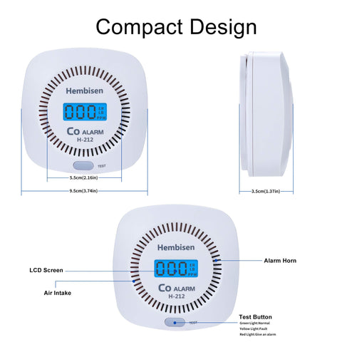 Hembisen CO detector 3-pack side profile showing compact design for offices.