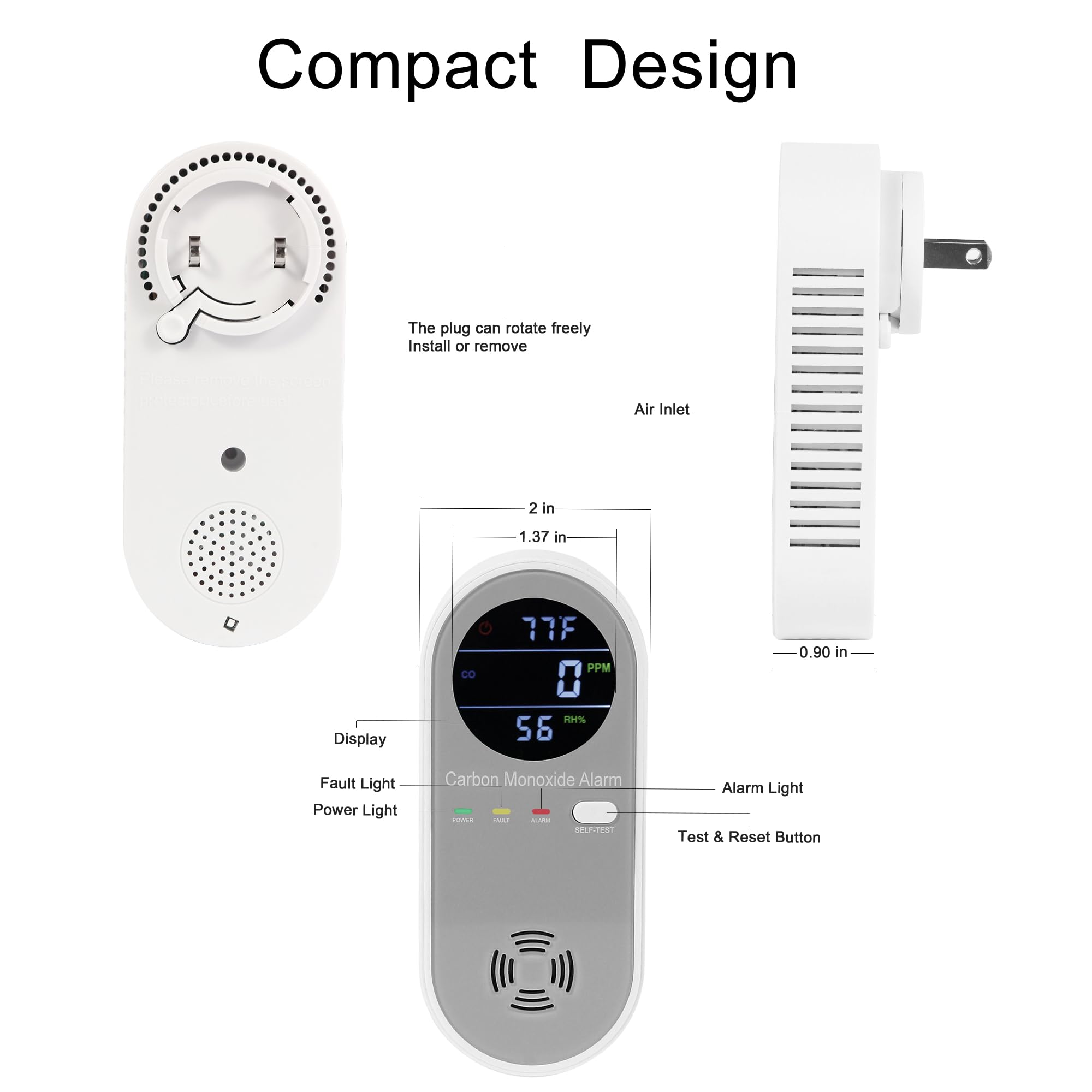Hembisen plug-in CO detector shows CO temperature and humidity for quick awareness