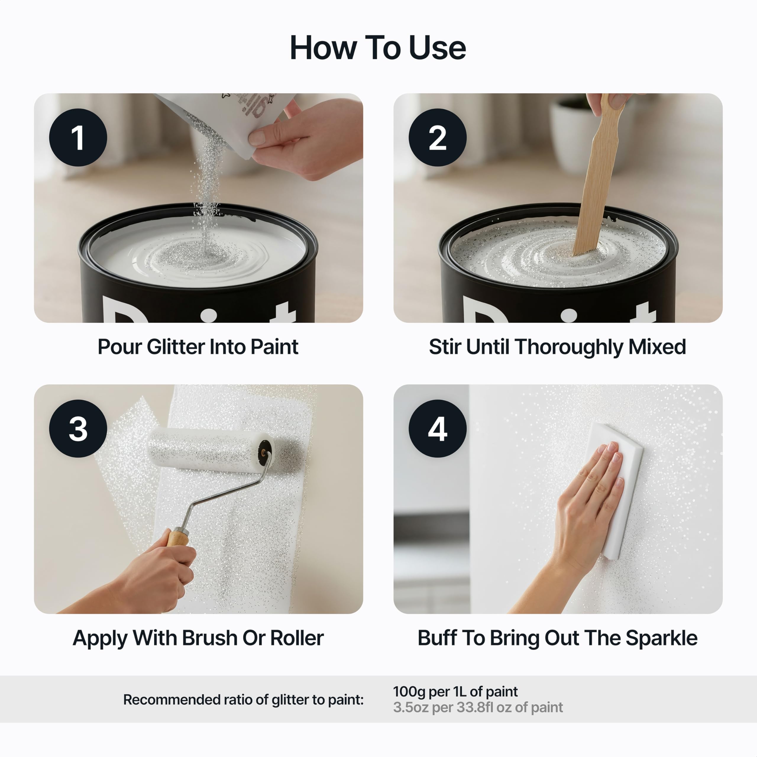 Hemway glitter paint additive bottle pour supports precise mixing.