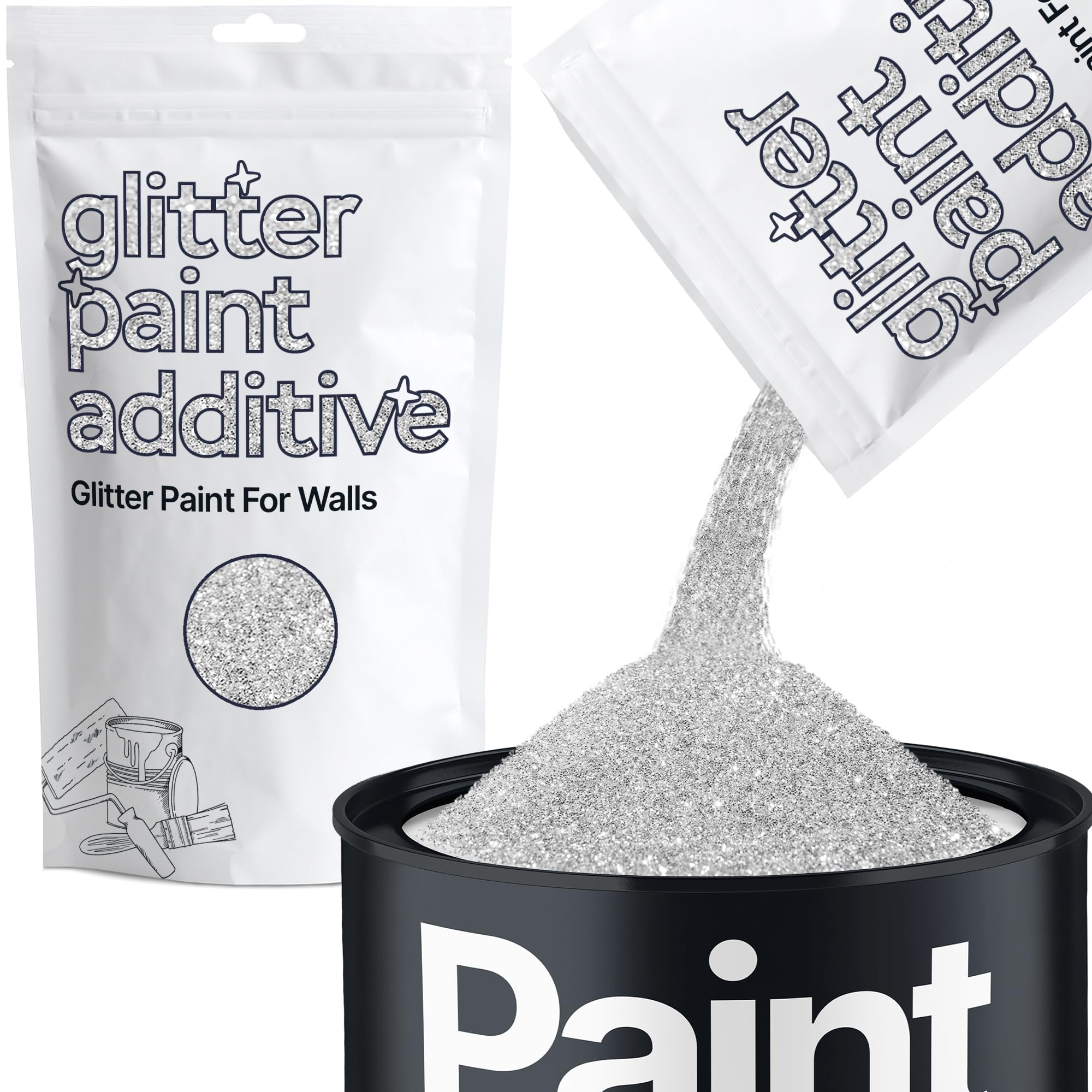 Hemway glitter paint additive silver powder enhances sparkle in any paint finish on walls.