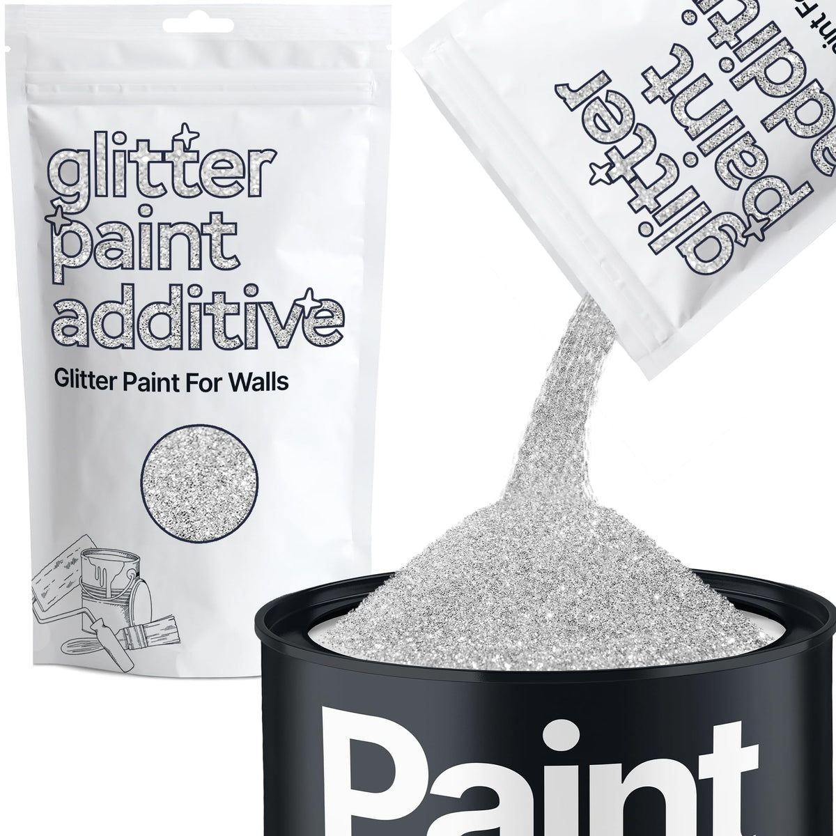 Hemway glitter paint additive silver powder enhances sparkle in any paint finish on walls.