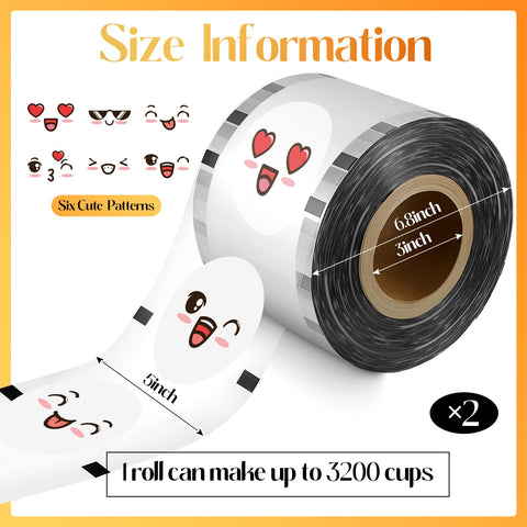 Henoyso 2-roll cup sealer film with smiling faces, great for hot or cold drinks