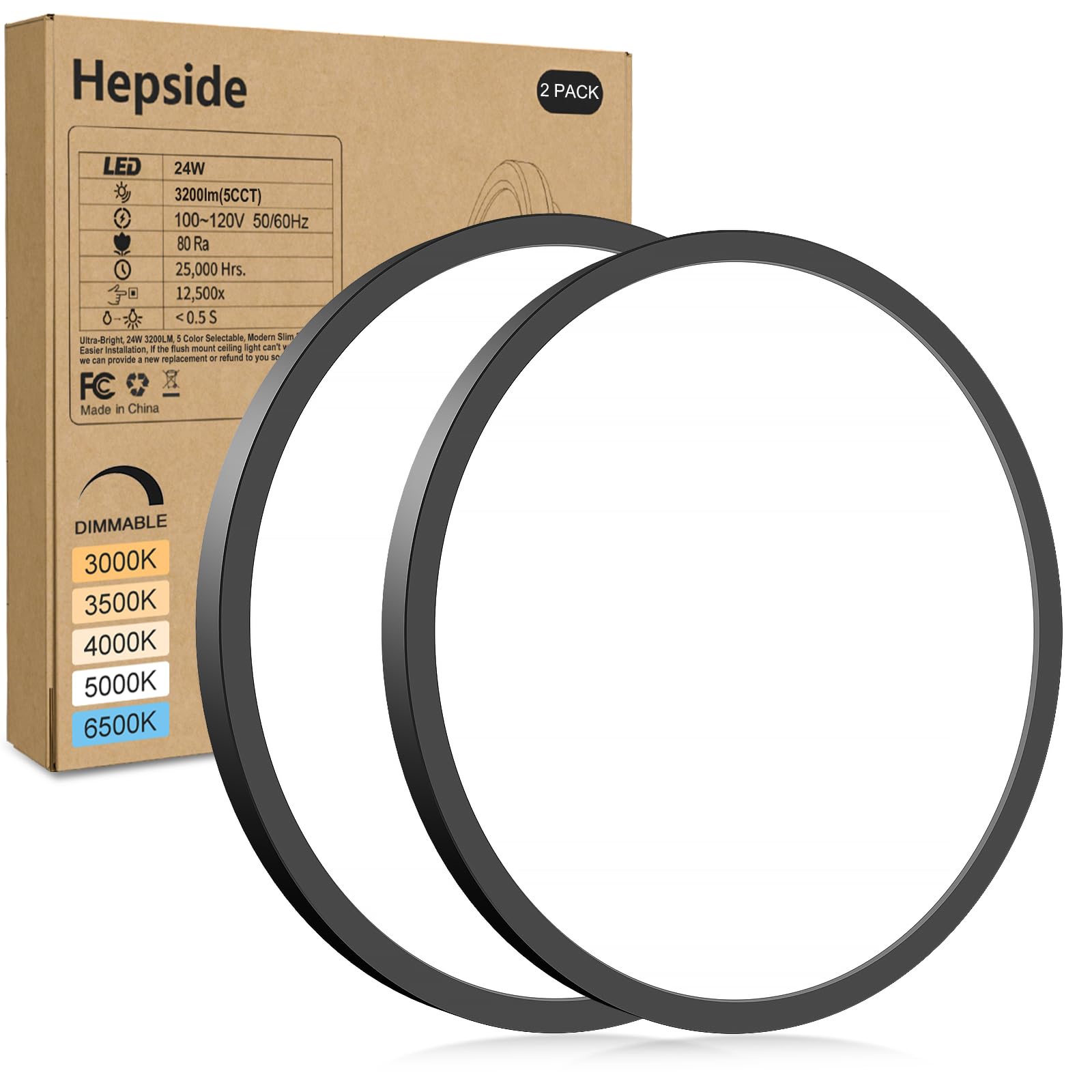 Hepside 2-pack LED flush-mount ceiling light, 12 inch, black, even illumination