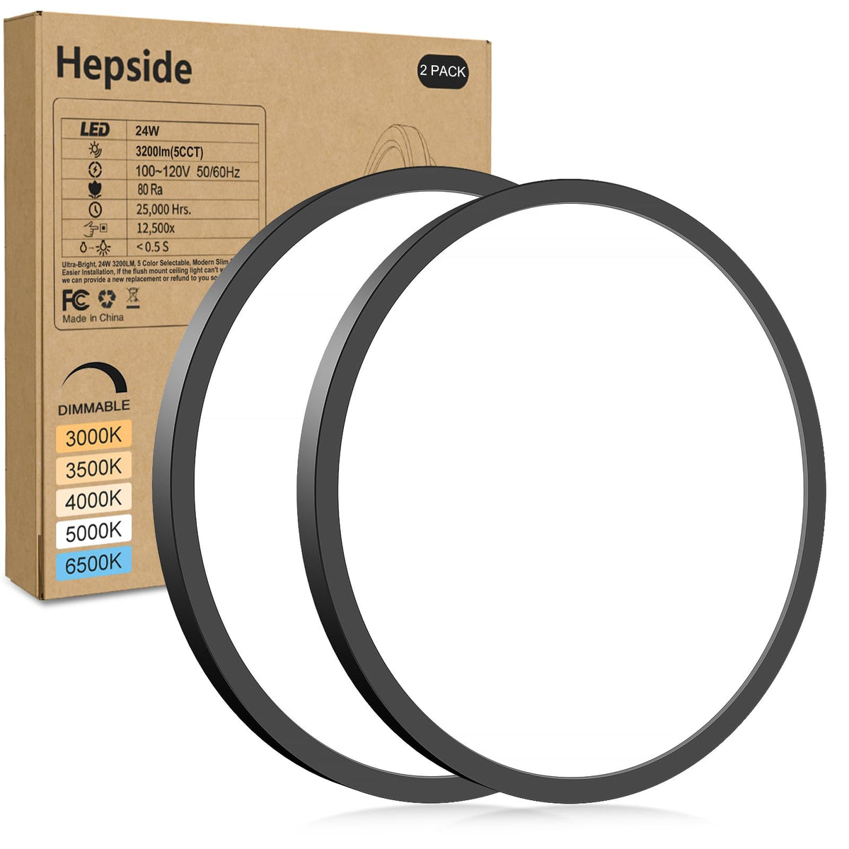 Hepside 2-pack LED flush-mount ceiling light, 12 inch, black, even illumination