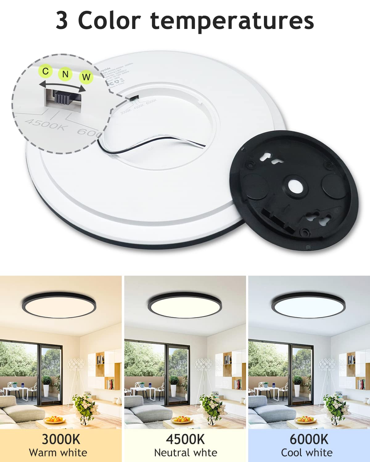 Hepside 3-color dimmable LED ceiling light with 3000K 4500K 6000K settings.