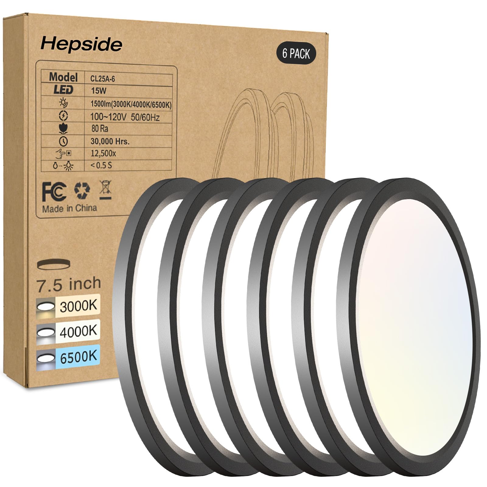 Hepside 6PACK LED flush mount ceiling light front view provides bright kitchen-ready illumination.