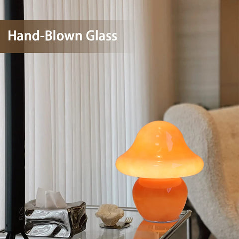 HEQET bedside mushroom lamp emitting soft glow on nightstand