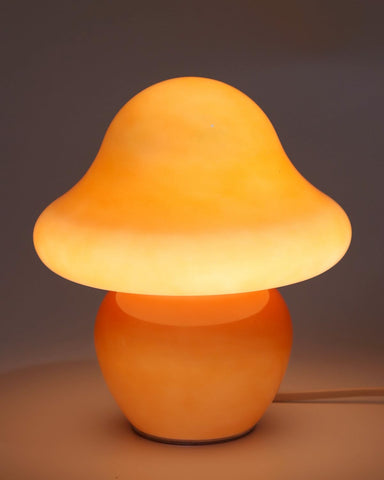 HEQET Mushroom Lamp with orange glass shade creates warm bedside glow