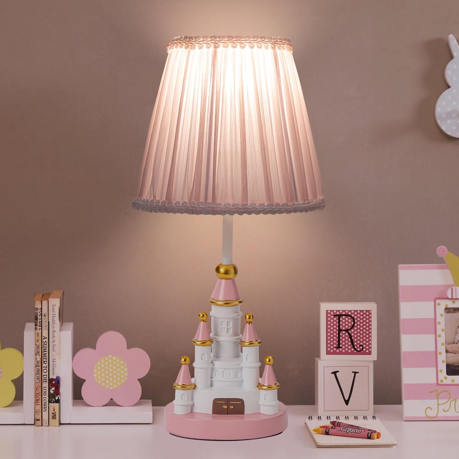 HERBESTBAY pink castle table lamp, 14-inch height, ideal for kids' rooms