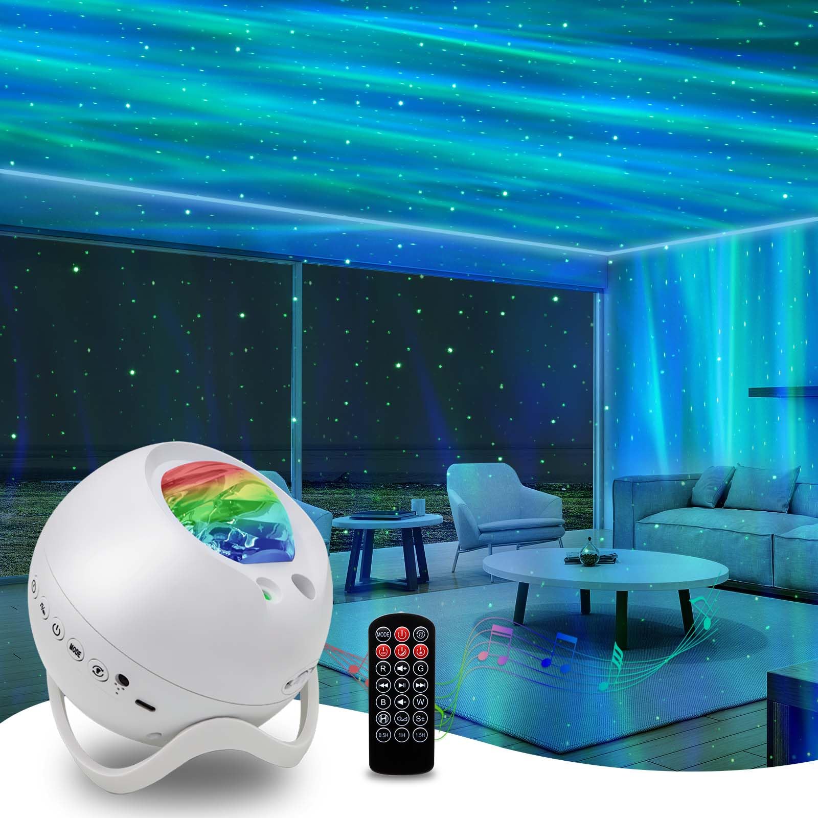 HERHOTER Star Projector floods the room with aurora-galaxy visuals for a cozy night