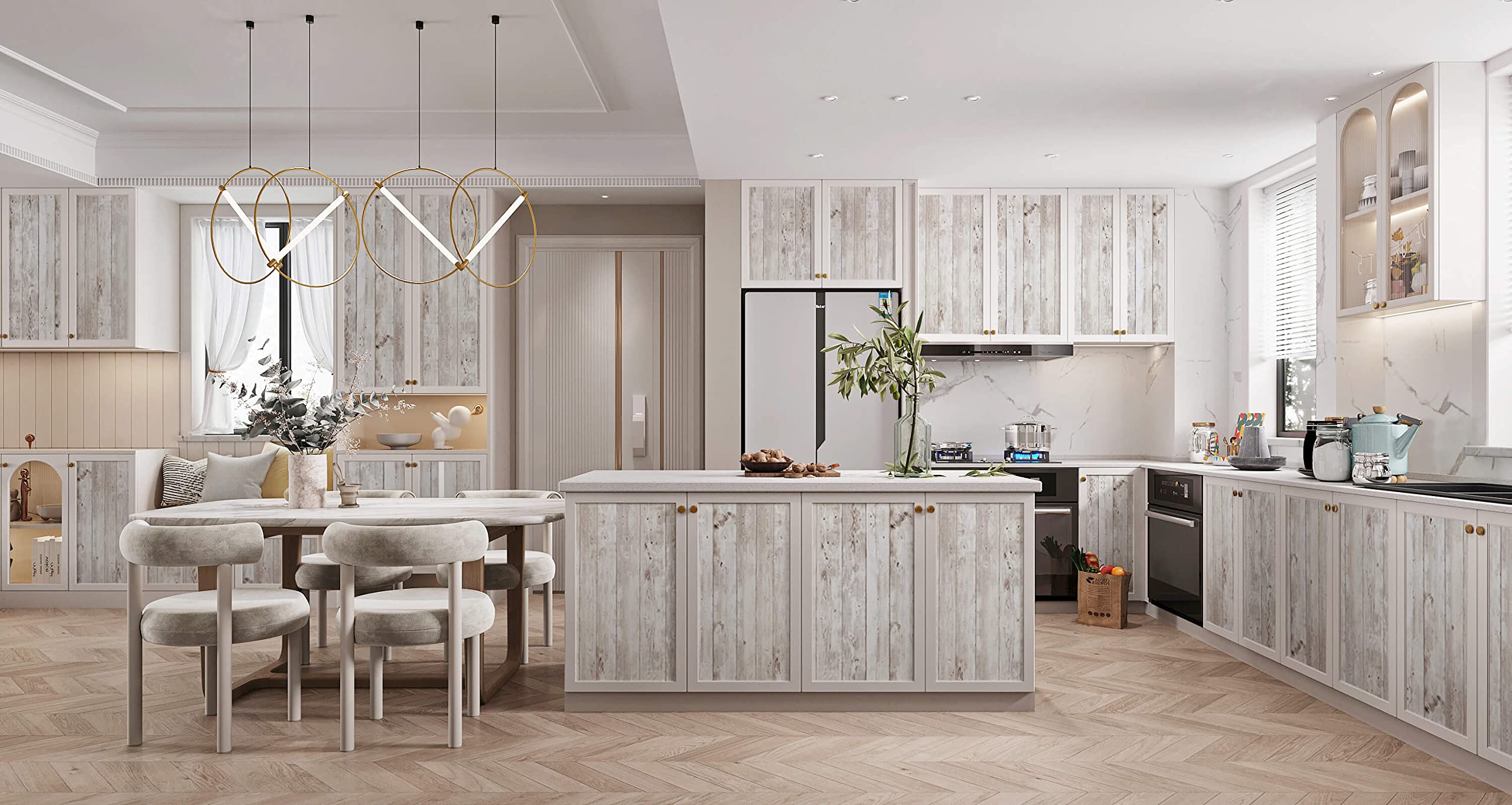 Heroad peel-and-stick wood wallpaper applied to a kitchen cabinet.