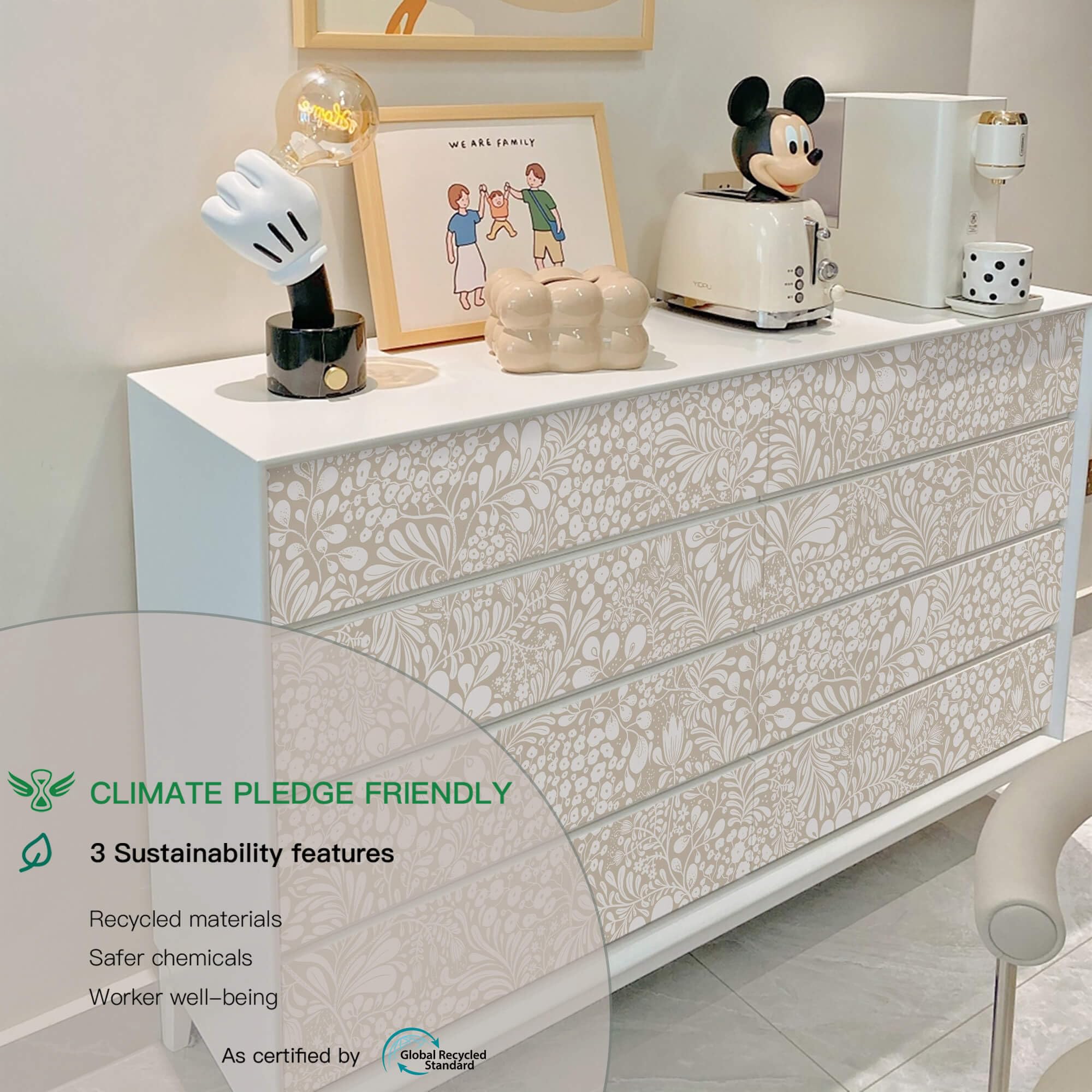 Heroad beige floral wallpaper removable without residue, ideal for cabinet lining.
