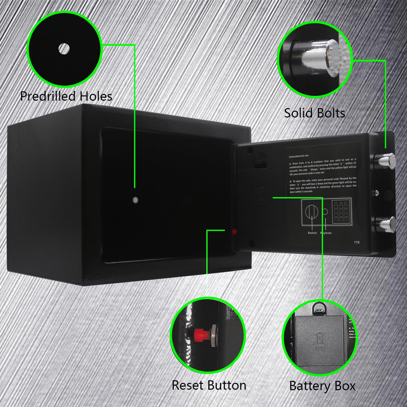 Heroecol safe box mounting holes for secure wall or shelf installation