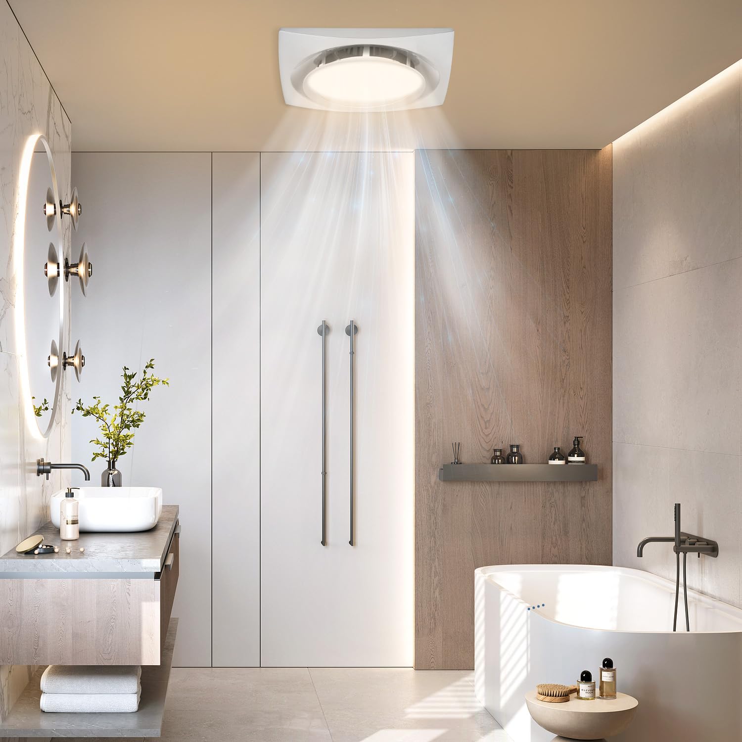 Unified fan and light switches simplify daily use.