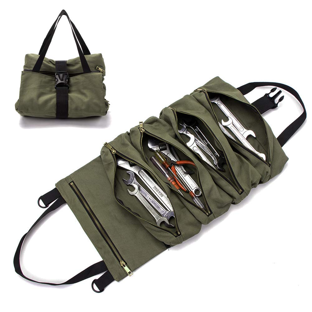 HERSENT Canvas Tool Organizer Roll stores wrenches and screwdrivers for on-the-go use.