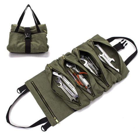 HERSENT Canvas Tool Organizer Roll stores wrenches and screwdrivers for on-the-go use.