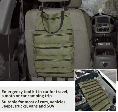 HERSENT Fold-and-hang tool bag with hooks for easy mounting in car or garage.