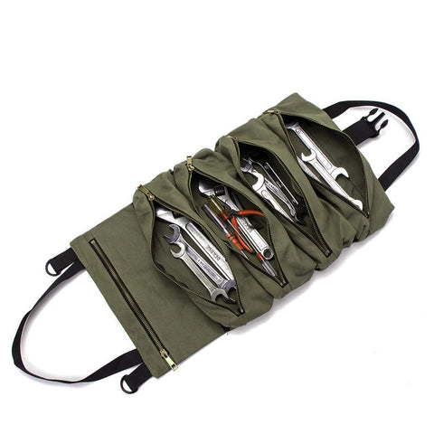 HERSENT Super Roll Tool Roll with 5 pockets for organized car maintenance tools.