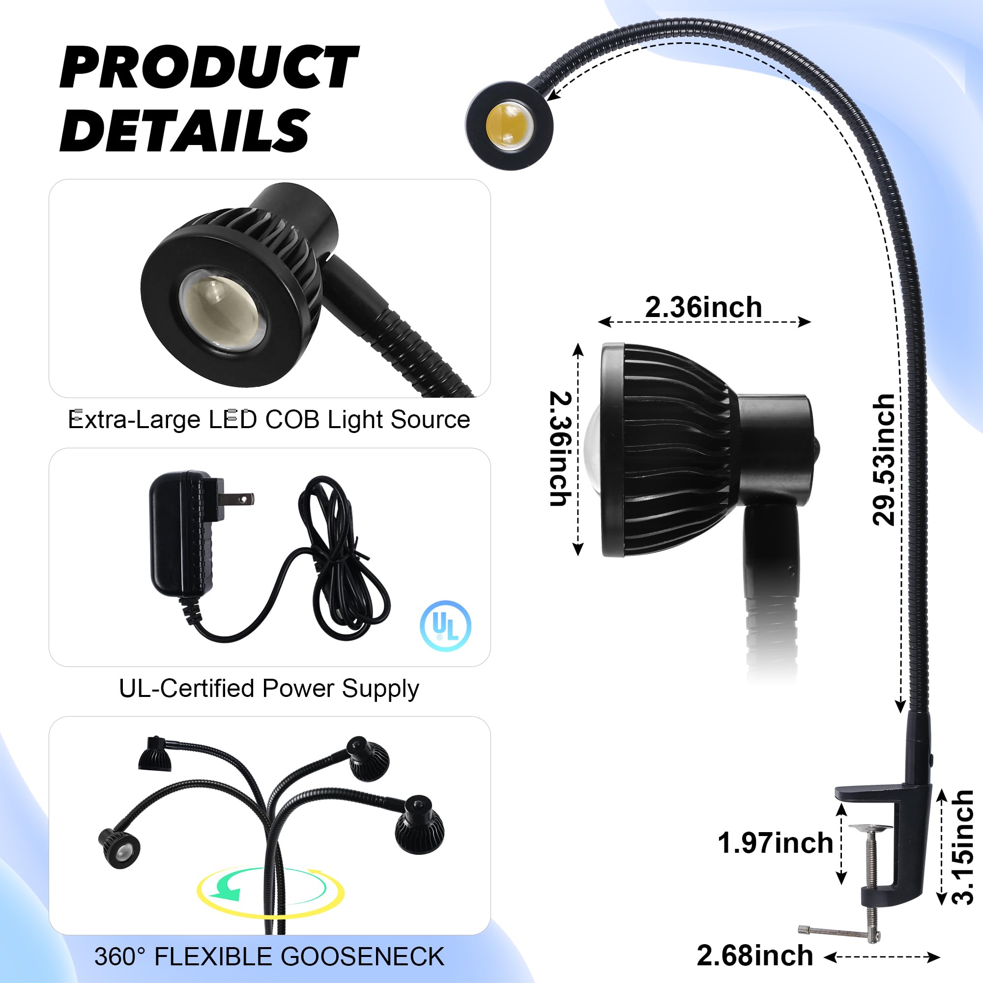 Hersi lamp with 360-degree gooseneck for flexible reach across a workstation