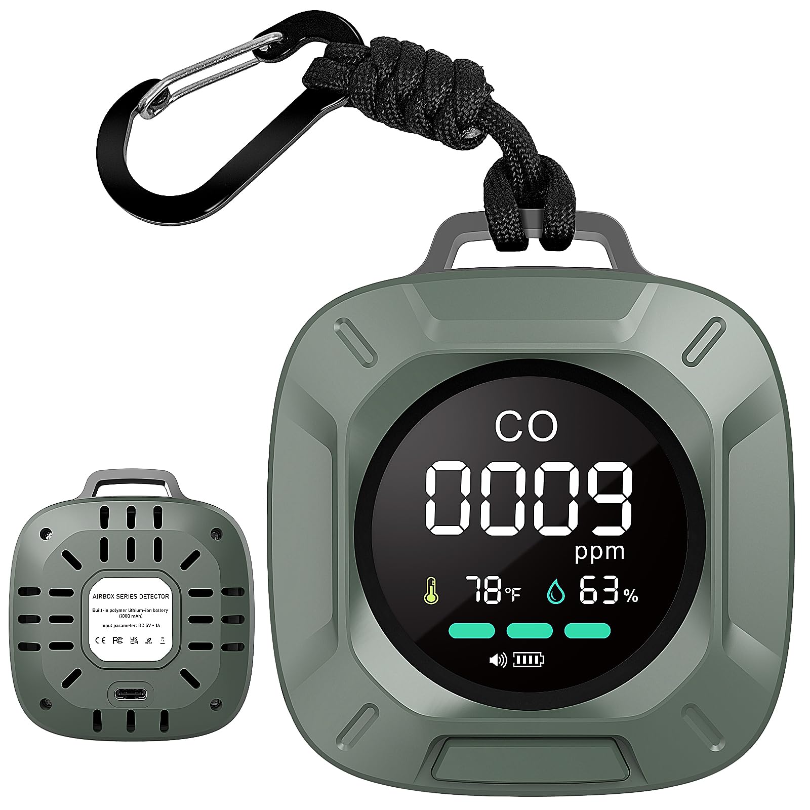 Hervimo carbon monoxide detector 3-in-1 shows CO, temperature and humidity readings for safer home monitoring.