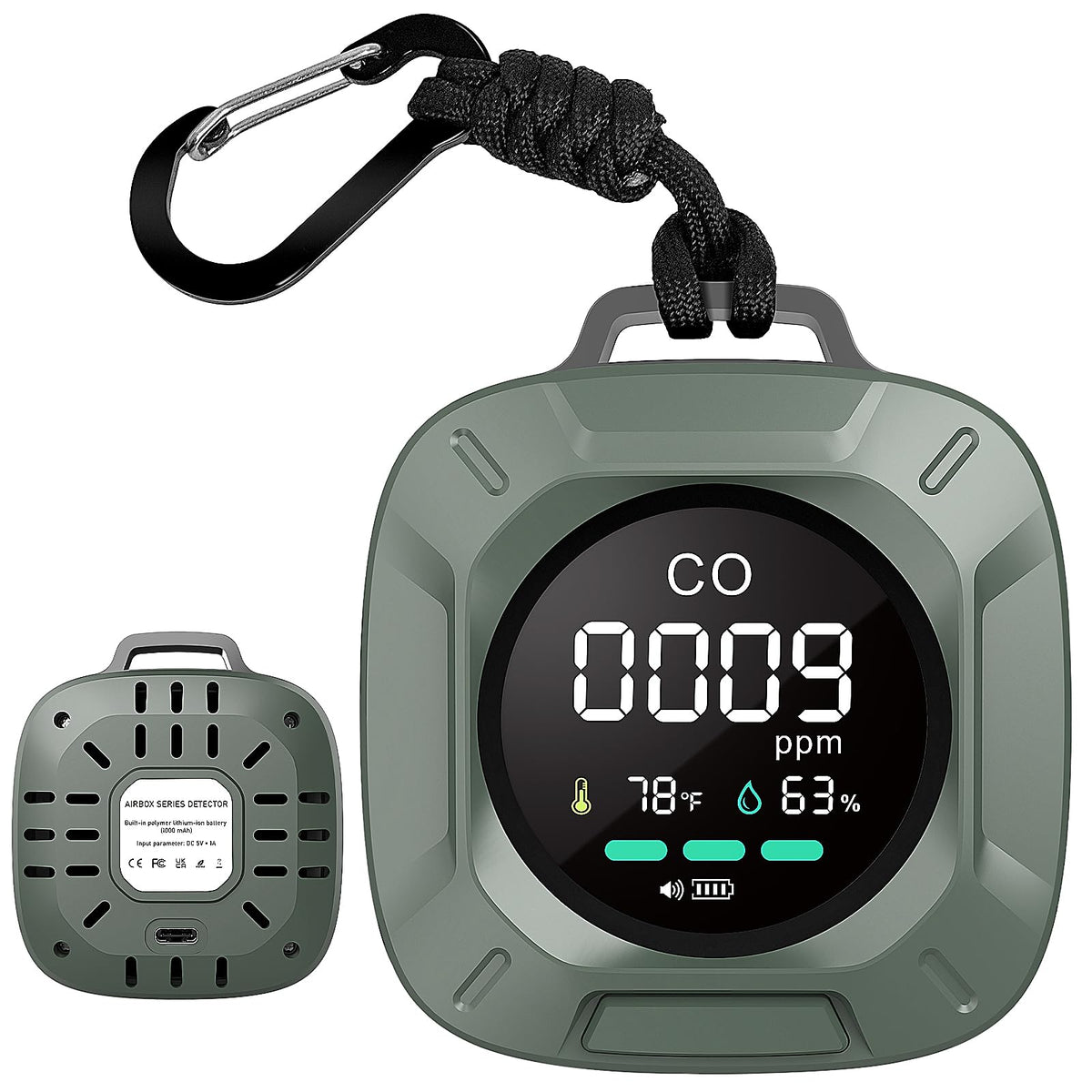 Hervimo carbon monoxide detector 3-in-1 shows CO, temperature and humidity readings for safer home monitoring.