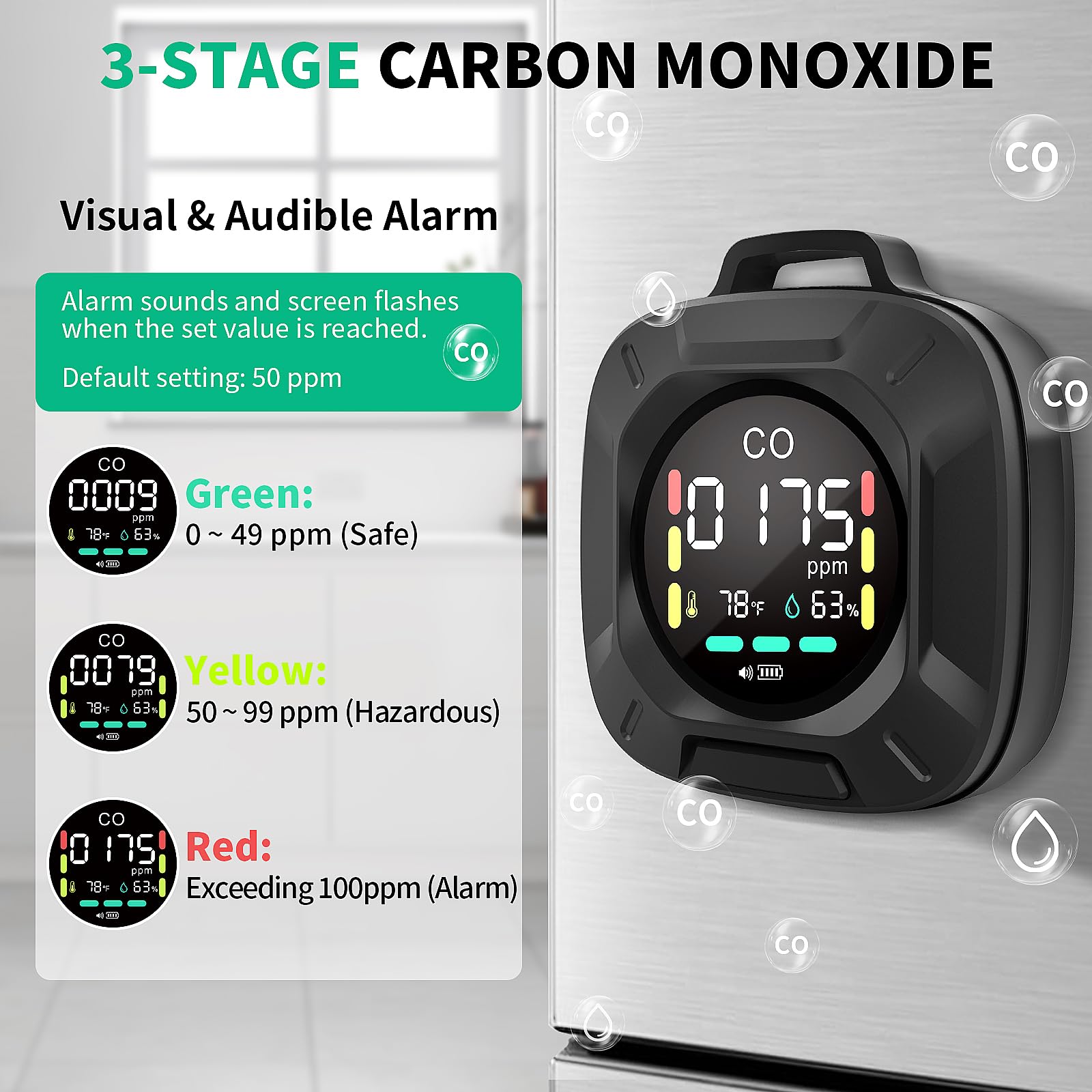 Hervimo co-detector LED indicators display color-coded status at a quick glance.