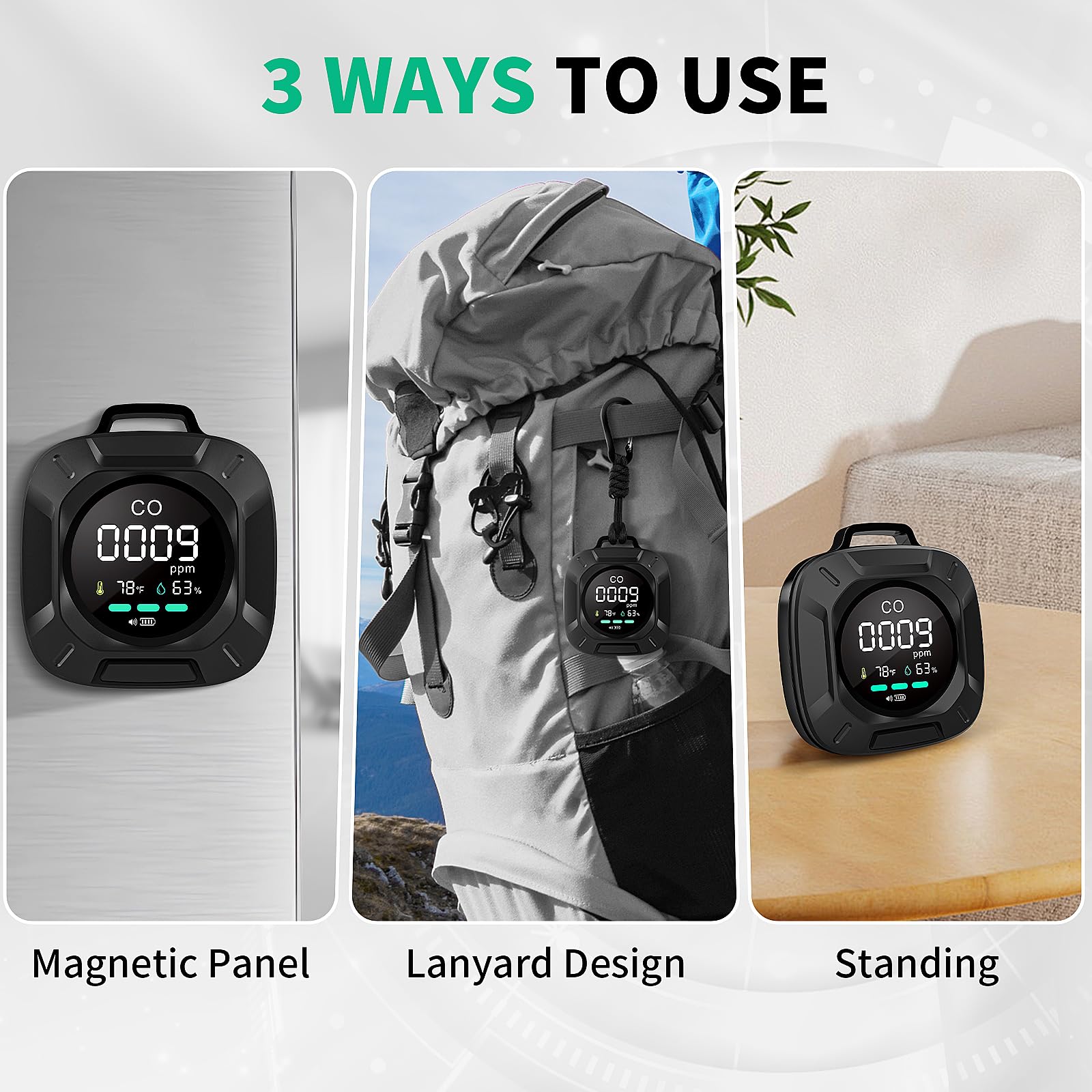 Hervimo co-detector rechargeable battery provides long-lasting power for trips.