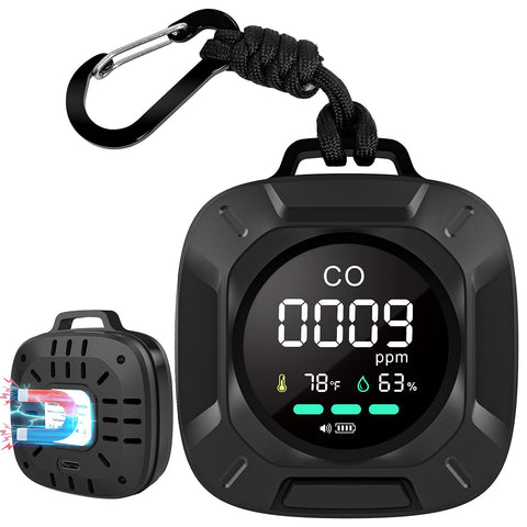 Hervimo CO detector on a tabletop setup shows CO, temperature, and humidity at a glance.