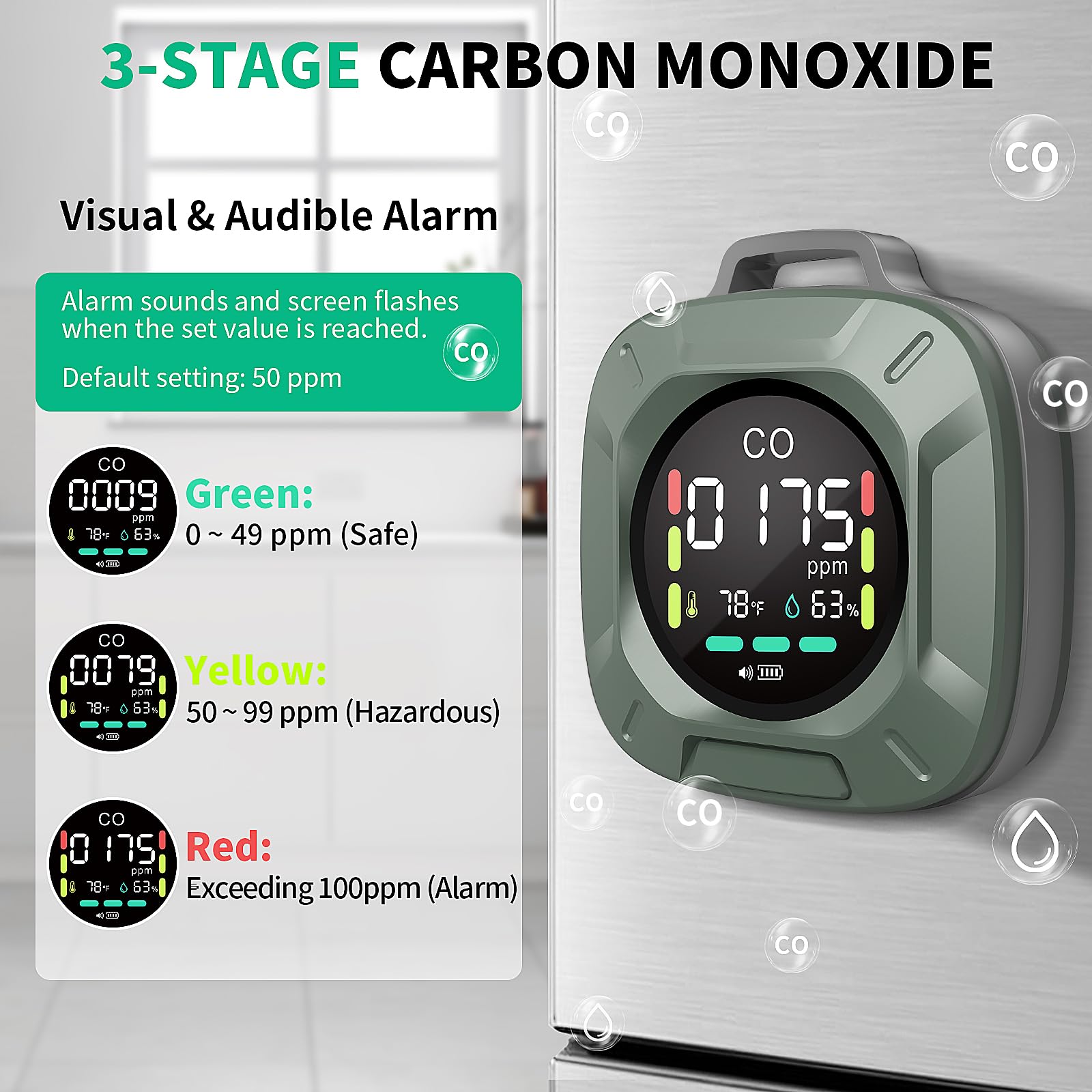 Hervimo travel CO detector with lanyard for quick access during camping or trips.