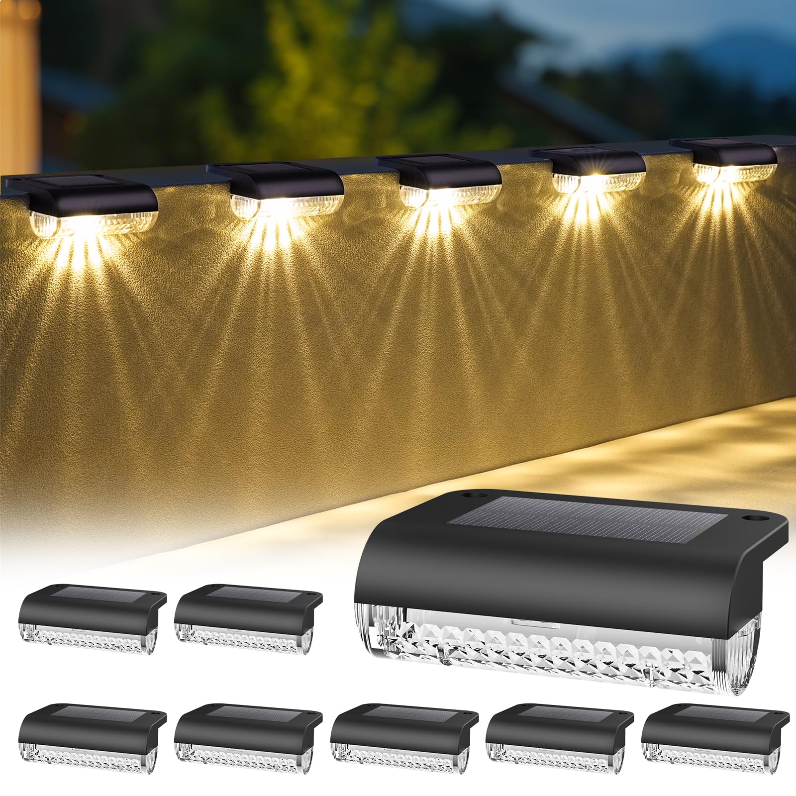 Herzila solar deck light on a wooden staircase provides glare-free illumination.