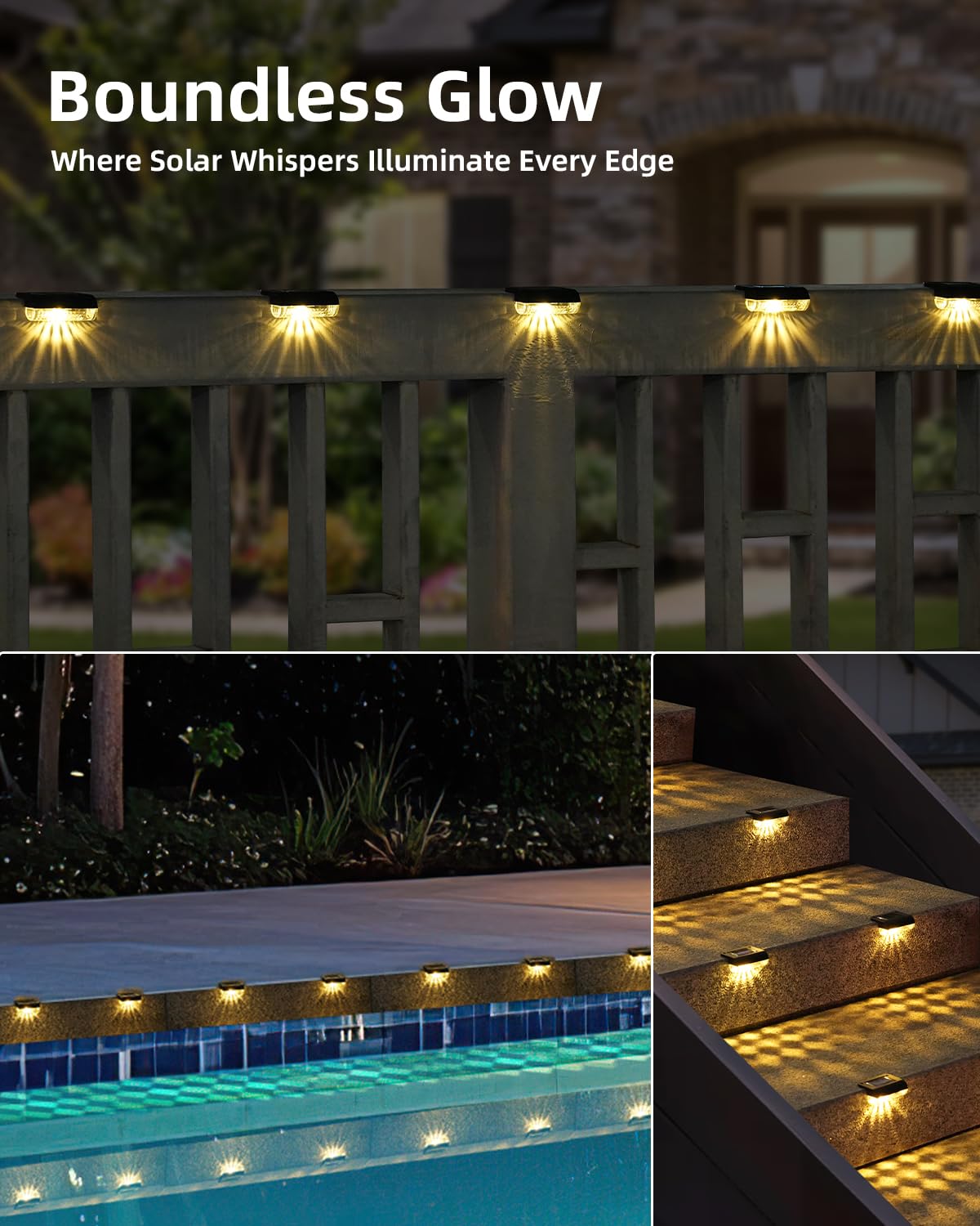Herzila solar step light on wood stairs delivers warm glow for safer steps.