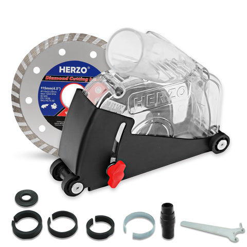HERZO dust shroud for 5in grinders improves dust containment during cutting.