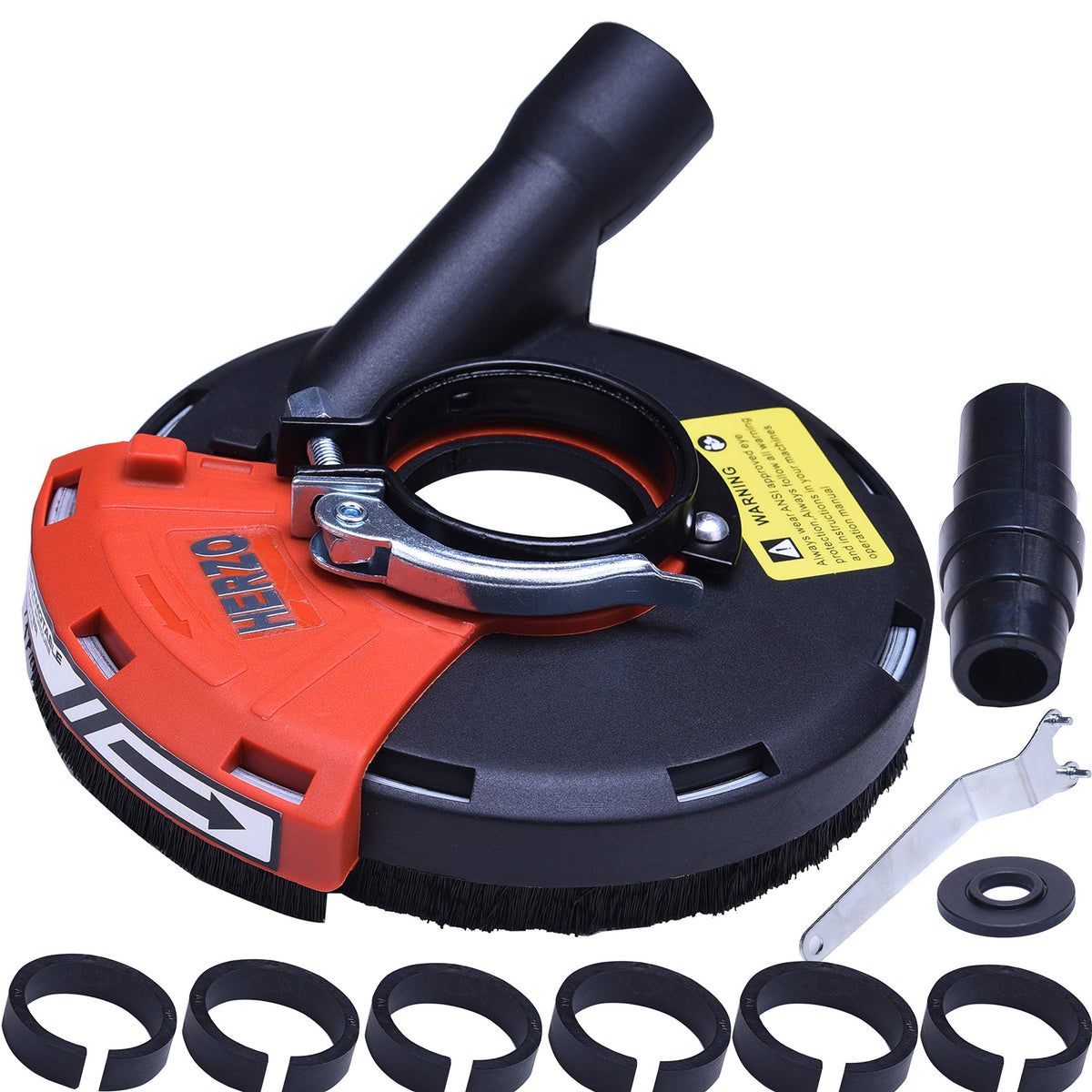 HERZO universal dust shroud on a 7-inch grinder for clean, controlled grinding