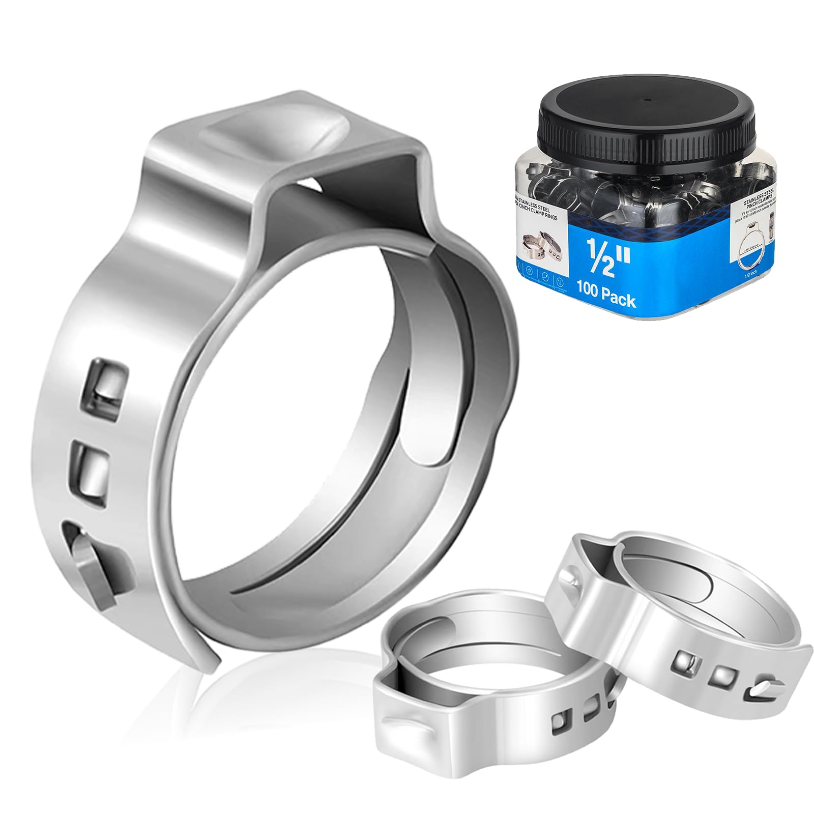 HeSun 100-pack 1/2 in PEX cinch clamp rings for secure connections.