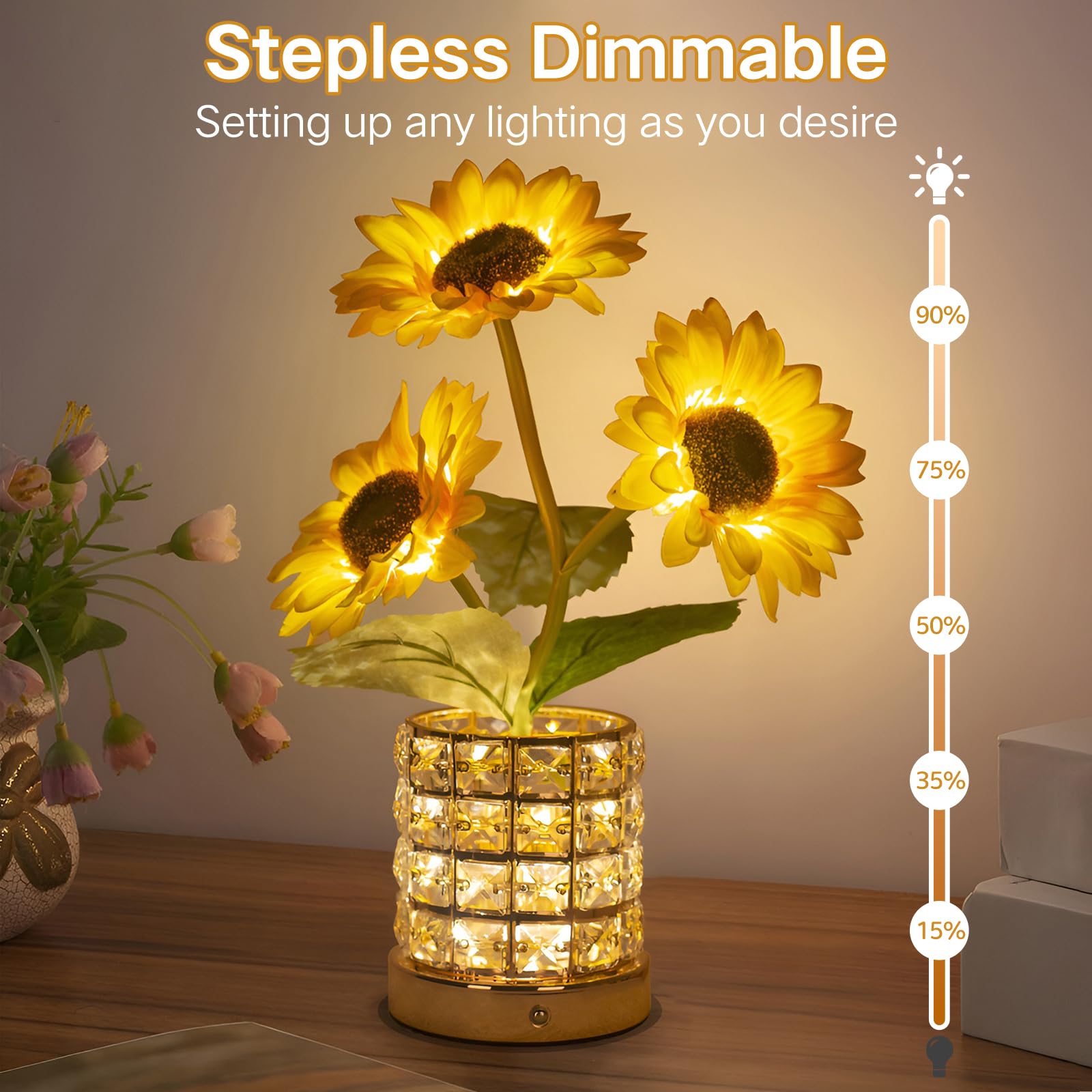 HESUSLA Sunflowers LED touch control changes ambiance with a tap.