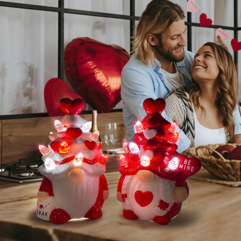 Hexagram Valentines gnomes ceramic decor with heart accents for table display