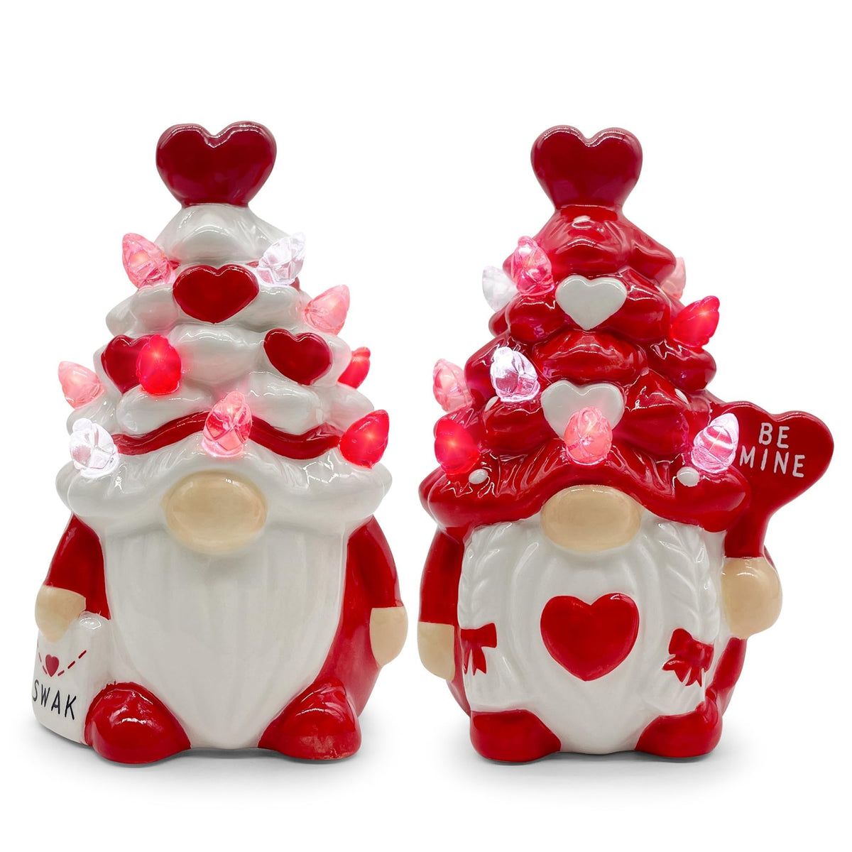 Hexagram Valentines ceramic tree light 2pc on mantel with warm glow for romantic ambiance