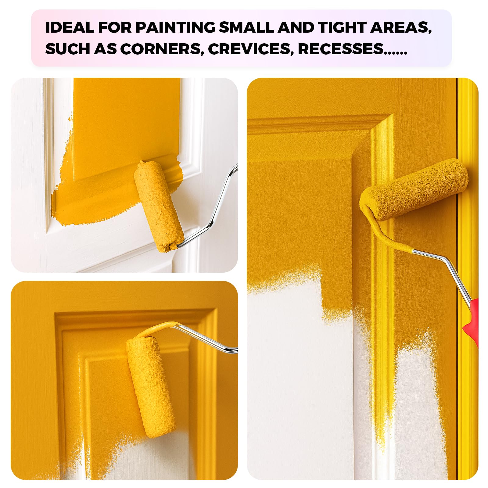 HexDorn 4-inch roller in use on doors for a fast, smooth coat.