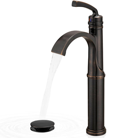 HEYMYTAP waterfall arch-spout faucet enhances vessel sinks with graceful water flow