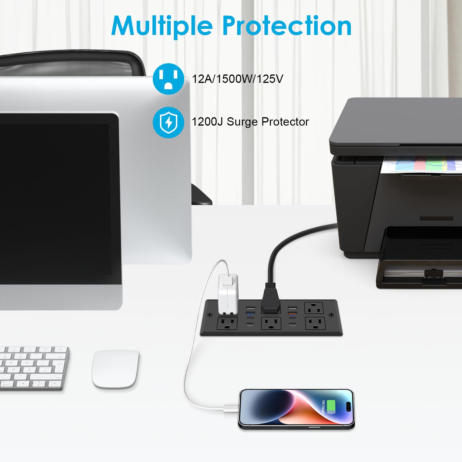 HEZI power strip with a 10-foot cord offers flexible placement for desks or tables.