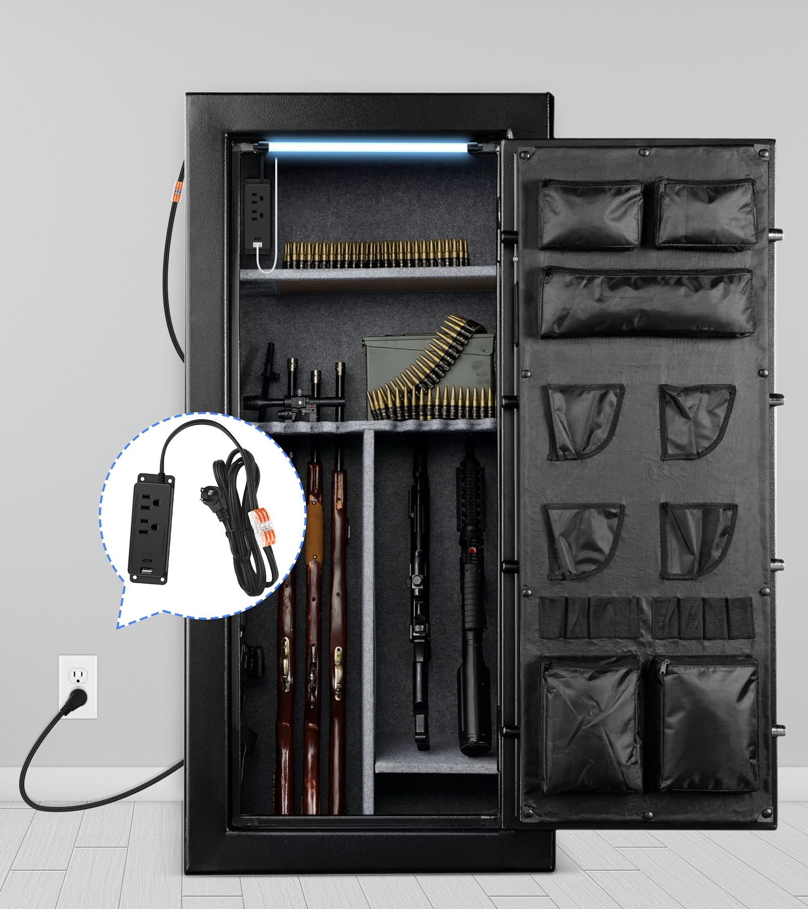 HEZI gun safe power outlet kit powers dehumidifiers motion lights and sensors.