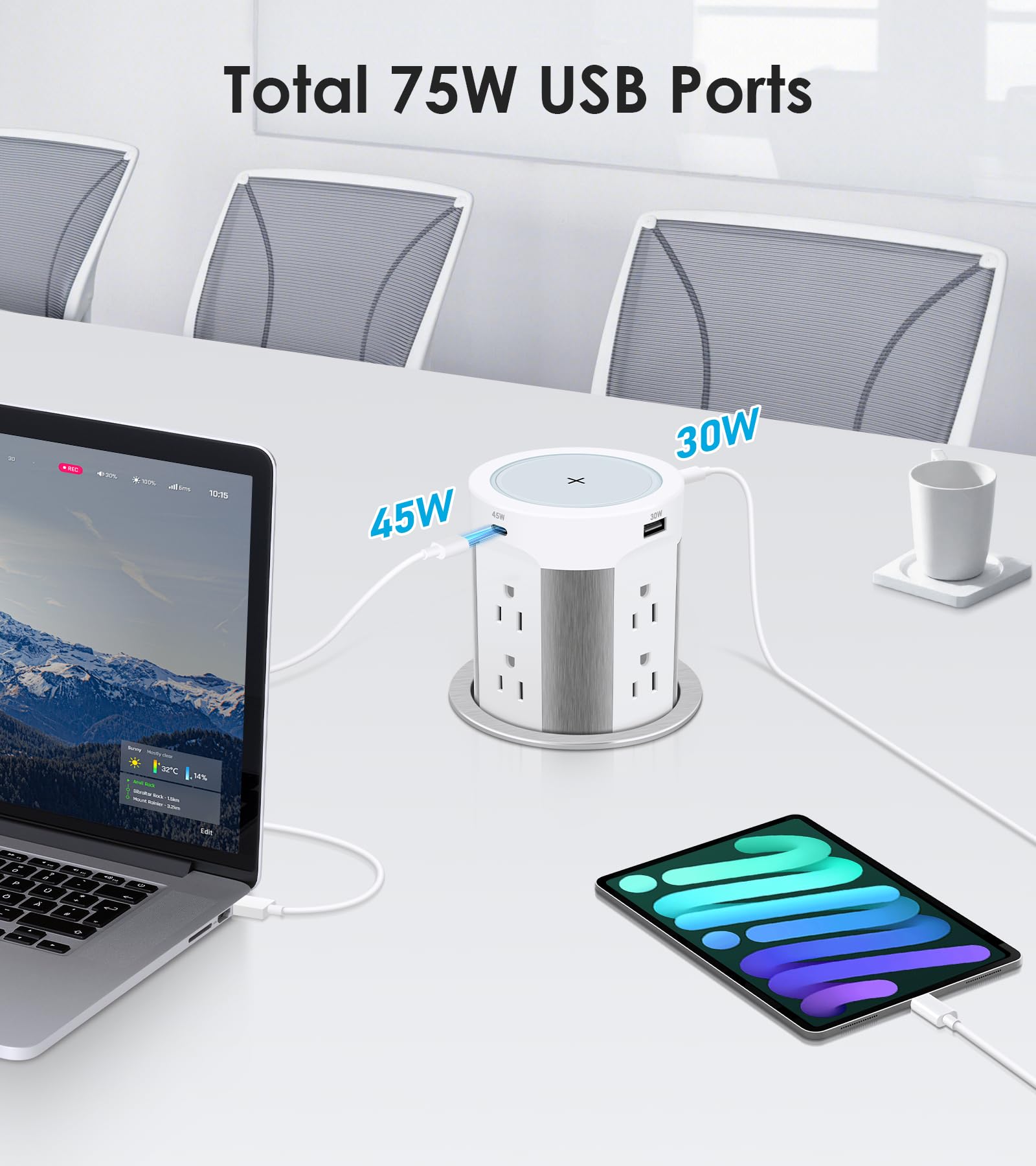 HEZI pop-out installed on an island kitchen, powering multiple devices