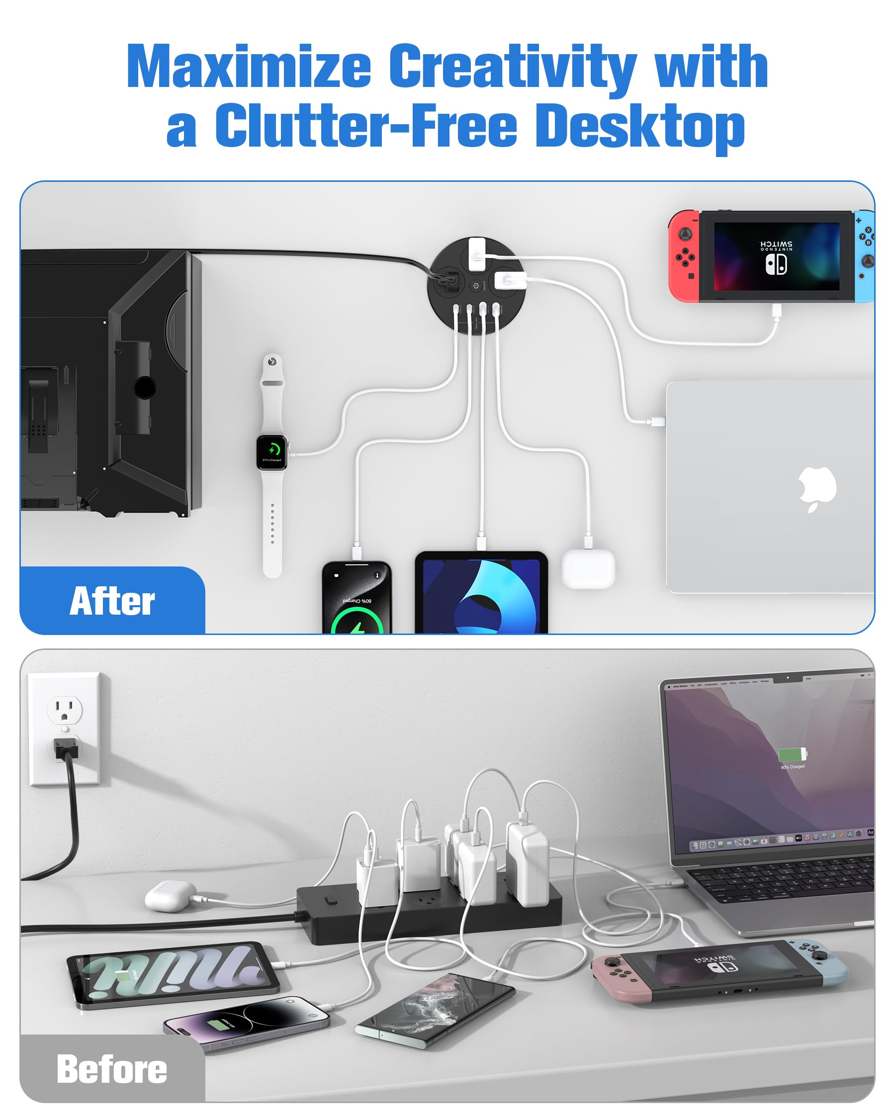 HEZI 6-foot extension cord enables flexible placement on desks.