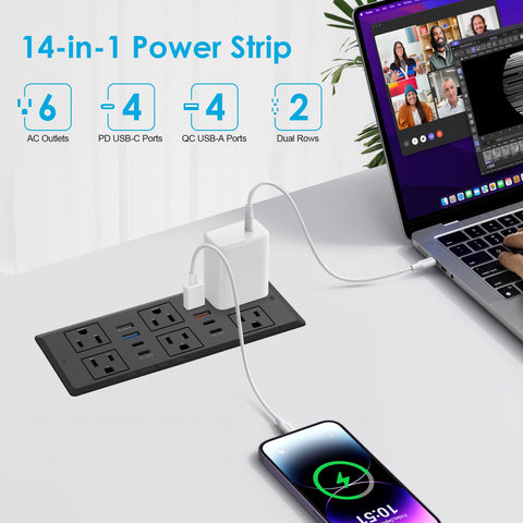 HEZI power strip with USB-C PD 30W and USB-A PD 20W fast charging.