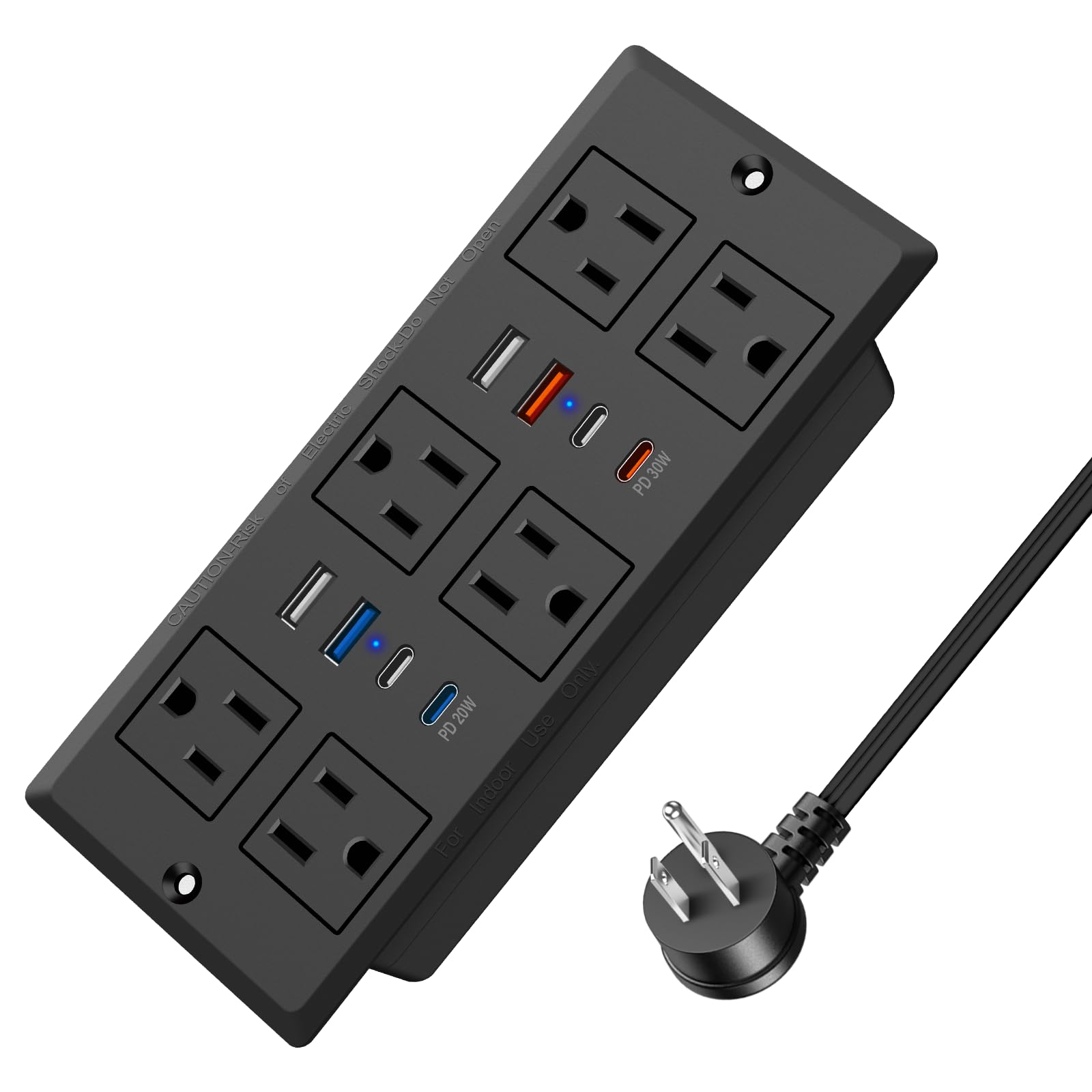 HEZI recessed power strip with 6 outlets and 8 USB ports for a tidy desk setup.