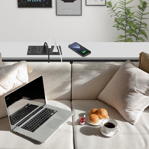 HEZI slim workbench outlet convenient charging at a project desk.