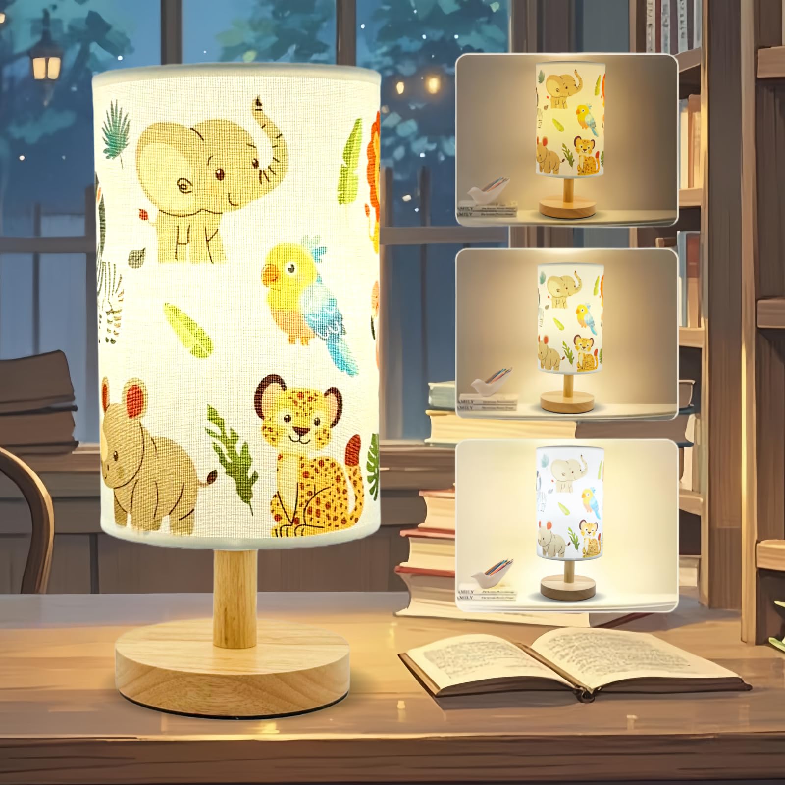 HFYCENYAN kids table lamp with wood base provides warm bedside lighting.