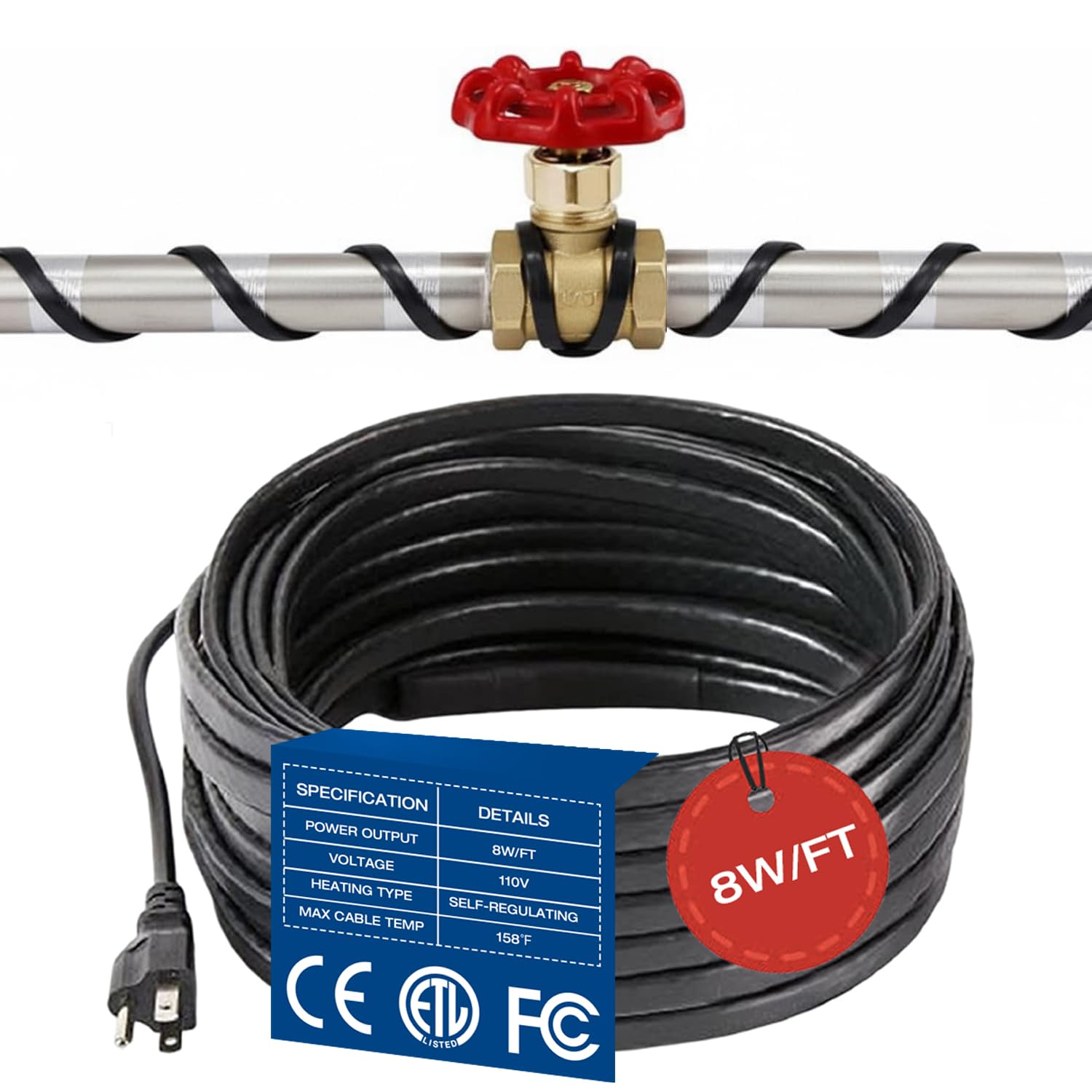 H&G Lifestyles 8W/ft heat tape for pipes preventing freezing and ice buildup.