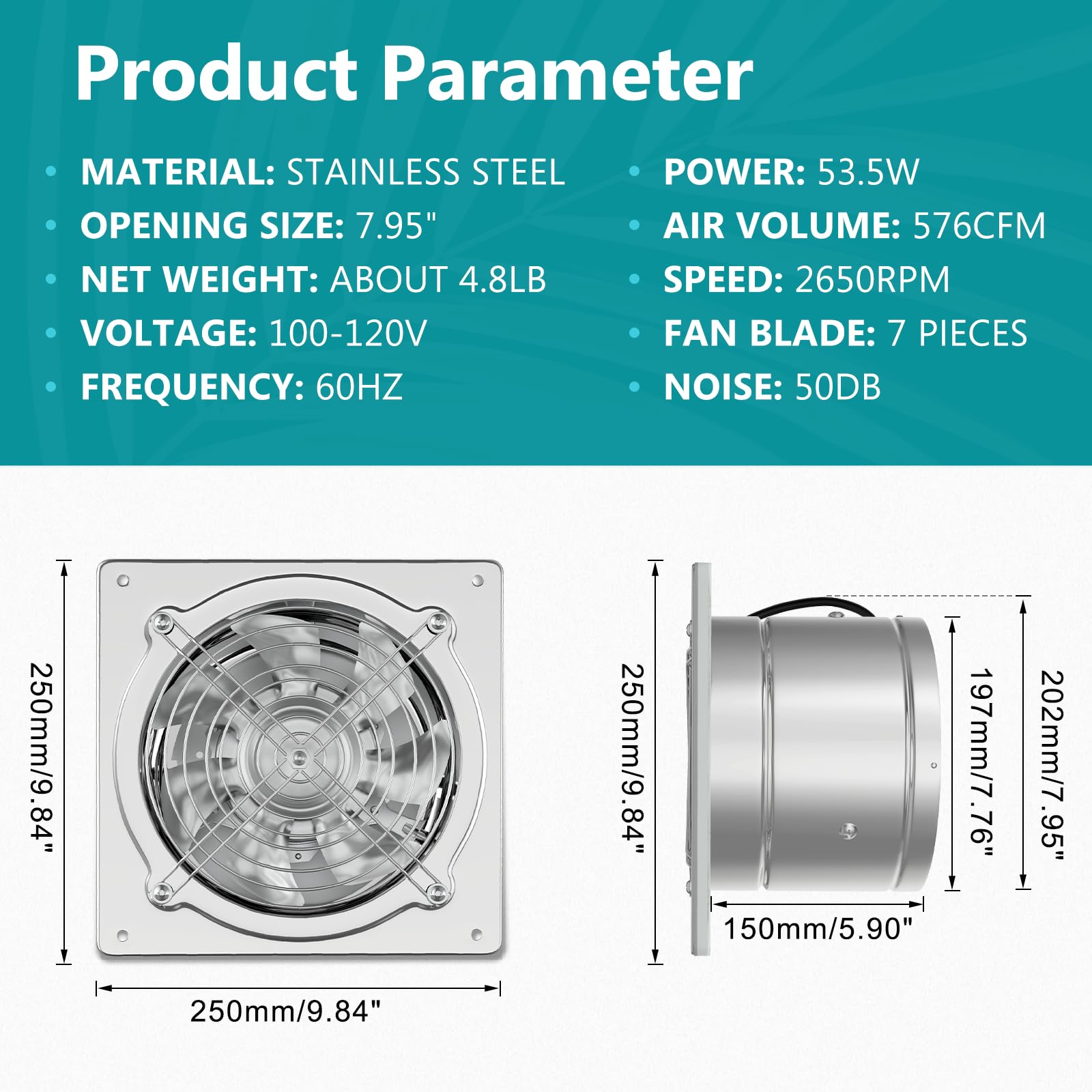 HG Power 8-inch exhaust fan side view highlighting compact wall-mount design