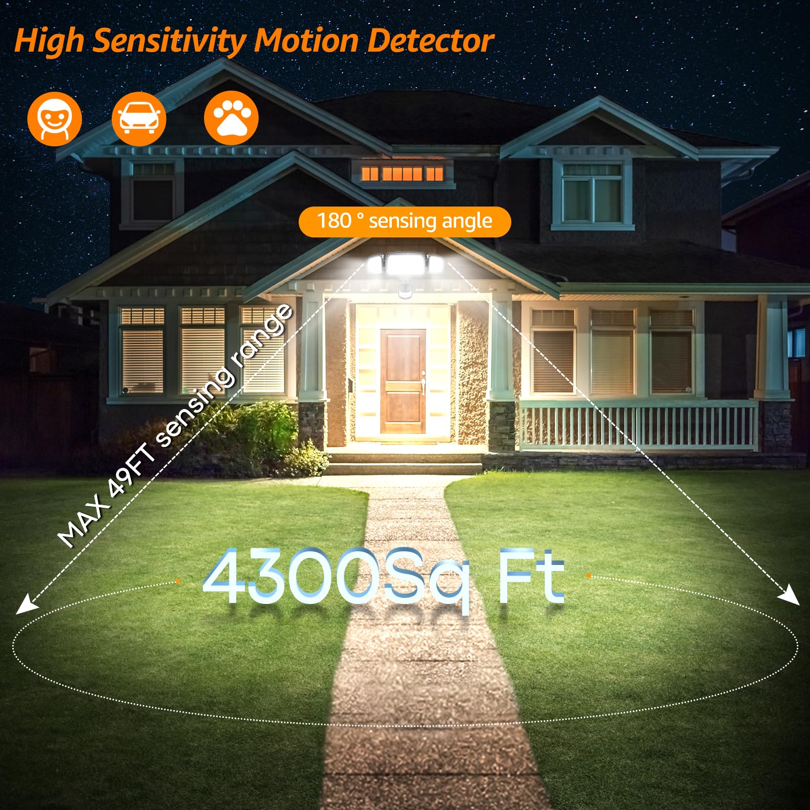 HGGH outdoor floodlights with three adjustable heads illuminate wide areas around your home